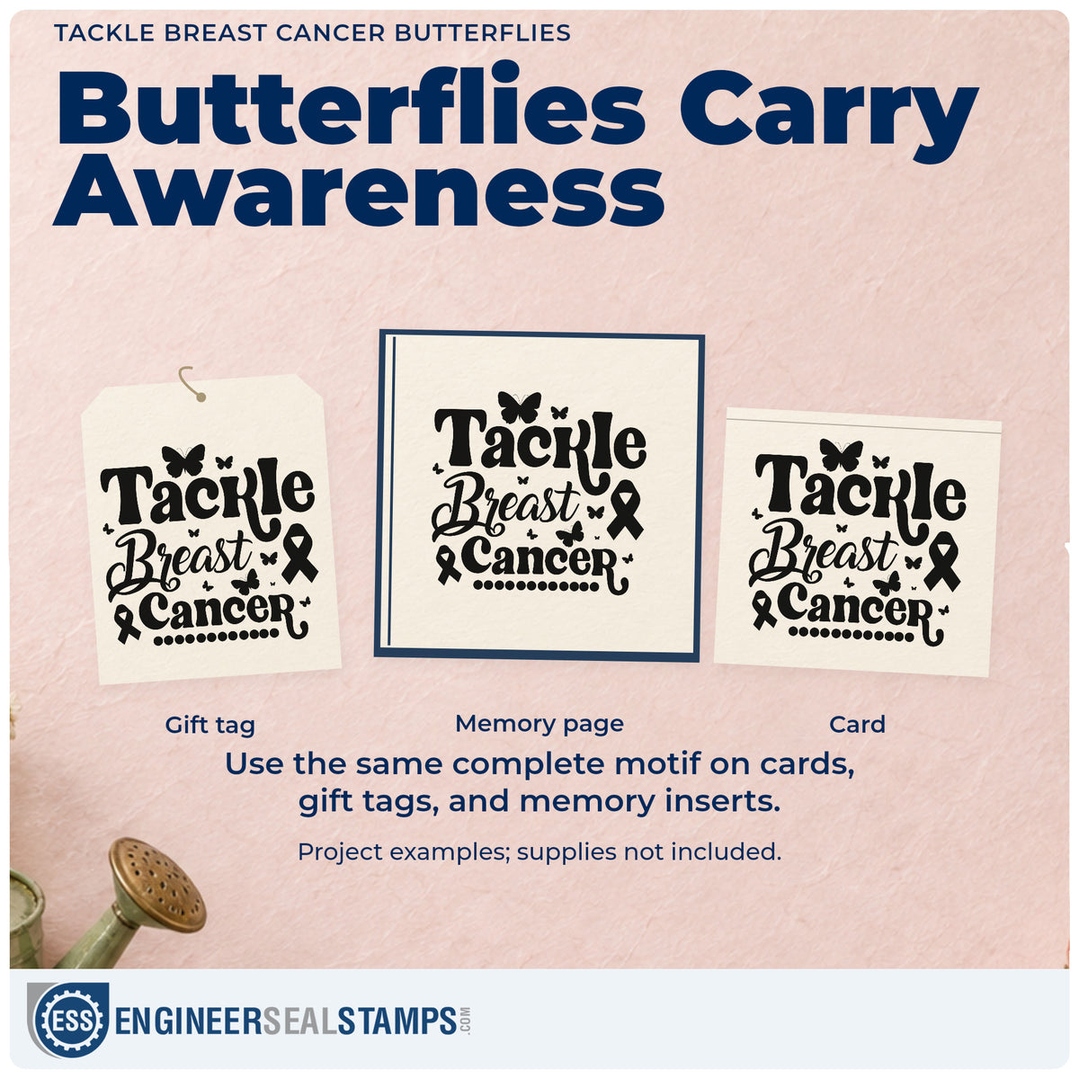 Three project examples made with the Tackle Breast Cancer Butterflies Awareness Ribbon Stamp – Duo Hand, including release ceremony tags.