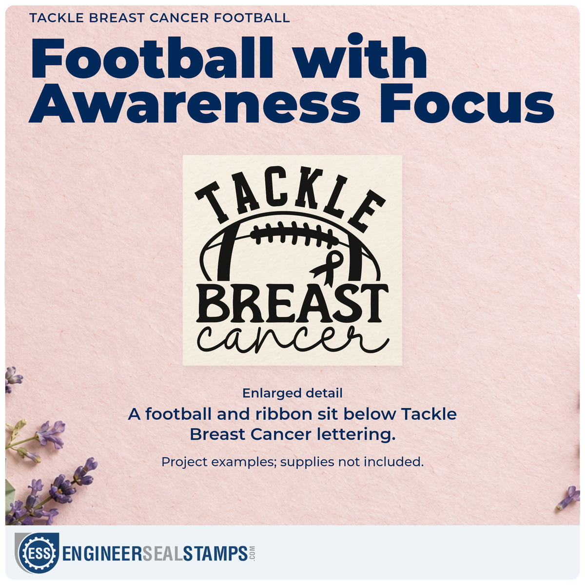 Enlarged detail of the Wood Handle Tackle Breast Cancer Football Rubber Stamp imprint. A football and awareness ribbon accompany arched "Tackle breast cancer" lettering.