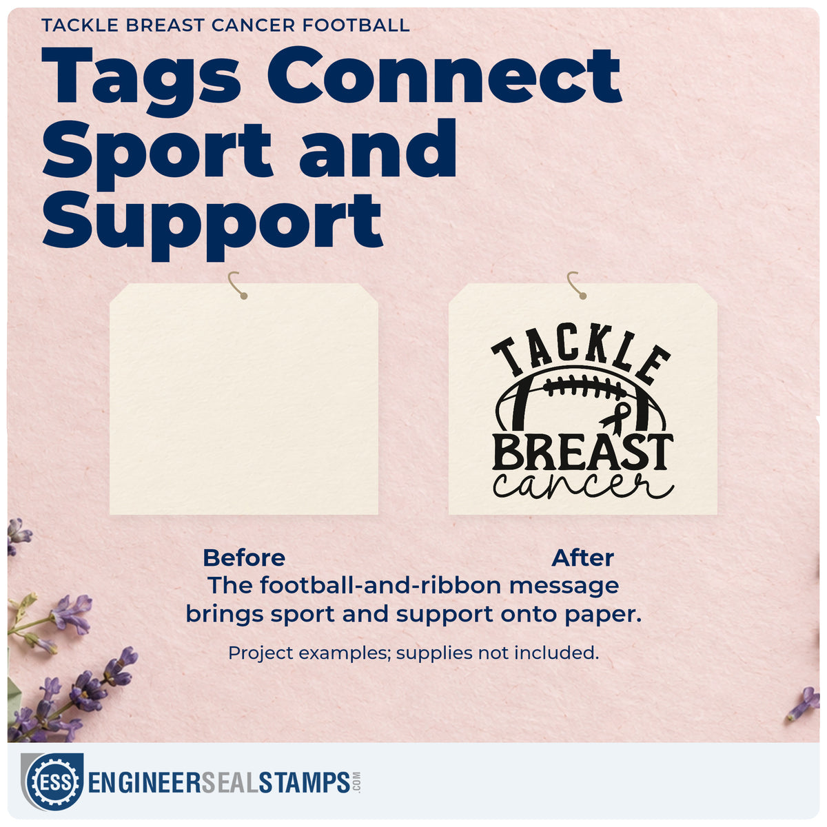 Before and after of a plain item finished with the Wood Handle Tackle Breast Cancer Football Rubber Stamp, a quick upgrade for player locker tags.
