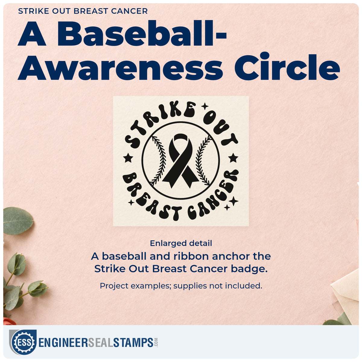 Enlarged detail of the Strike Out Breast Cancer Baseball Artwork Wood Handle Stamp imprint. A baseball and awareness ribbon sit inside a circular "Strike out breast cancer" design with stars.