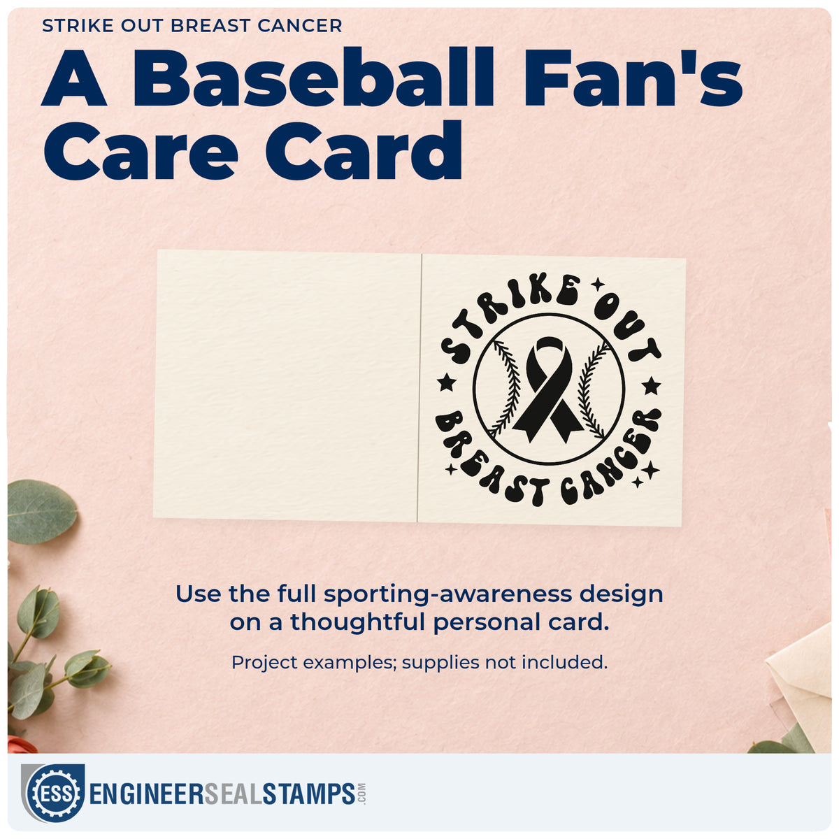 A finished handmade project stamped with the Premium Wooden Strike Out Breast Cancer Baseball Artwork Stamp - Vintage Pro, ideal for little league pink day.