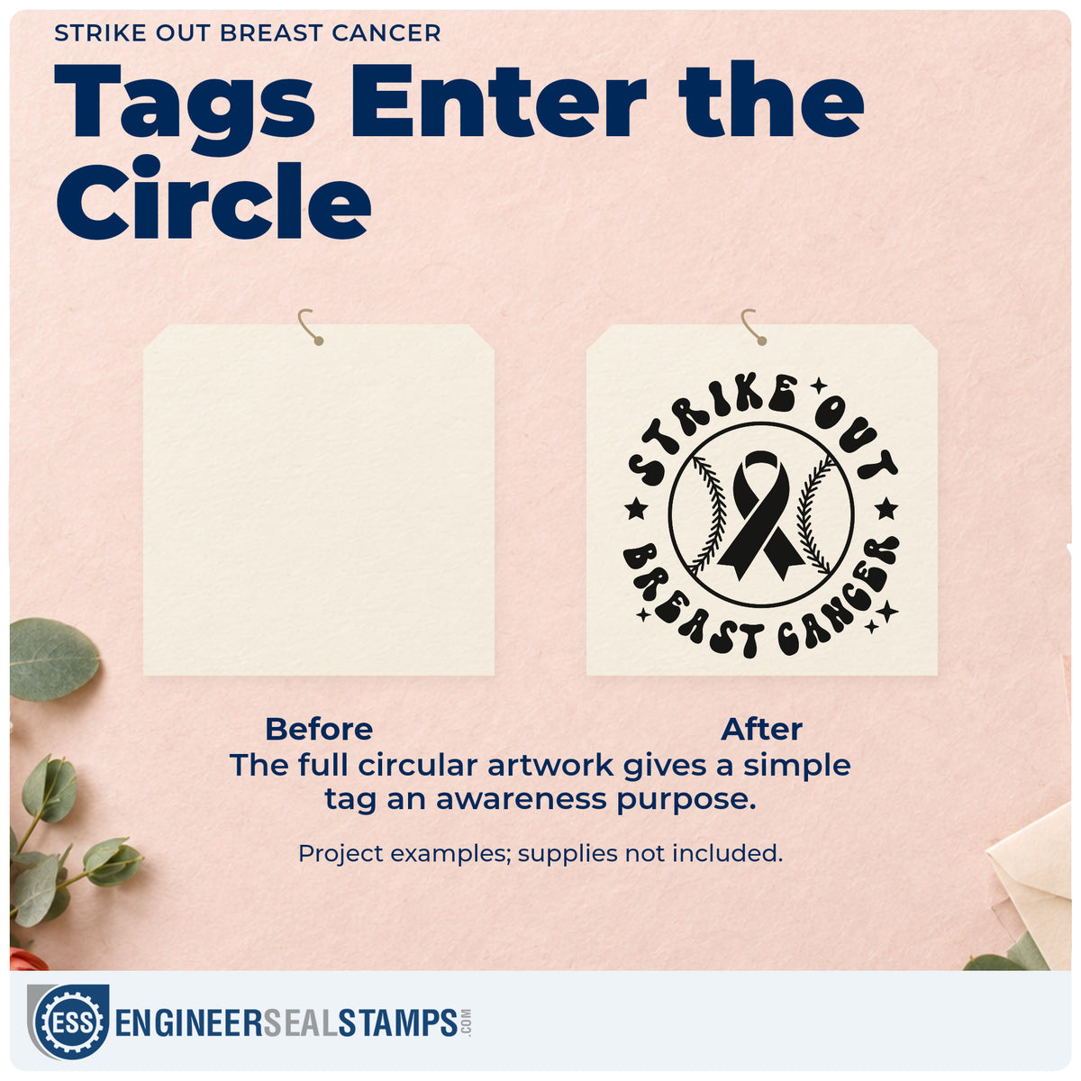 Before and after of a plain item finished with the Premium Wooden Strike Out Breast Cancer Baseball Artwork Stamp - Vintage Pro, a quick upgrade for scrapbook game pages.