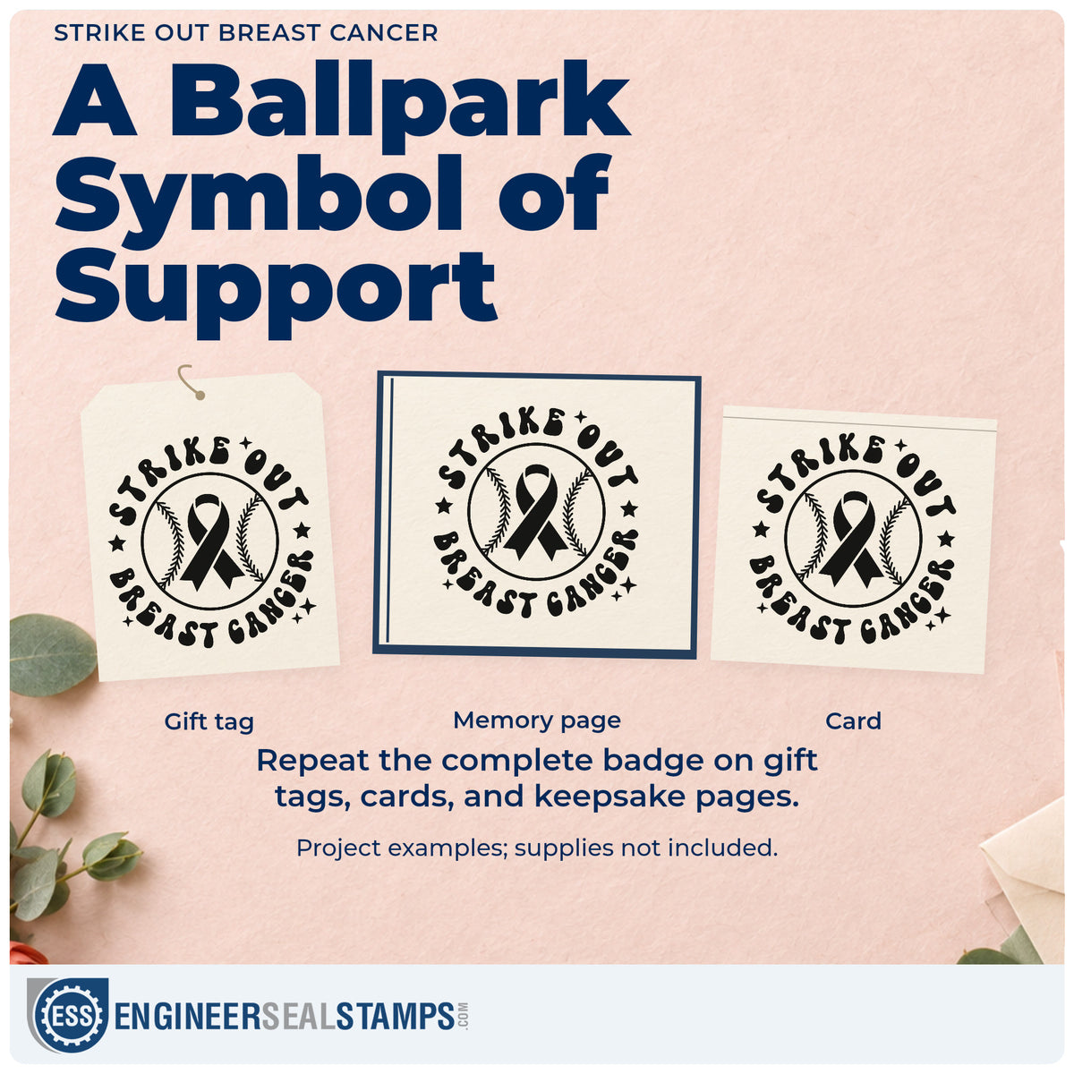 Three project examples made with the Strike Out Breast Cancer Baseball Artwork Wood Handle Stamp, including snack stand tags.