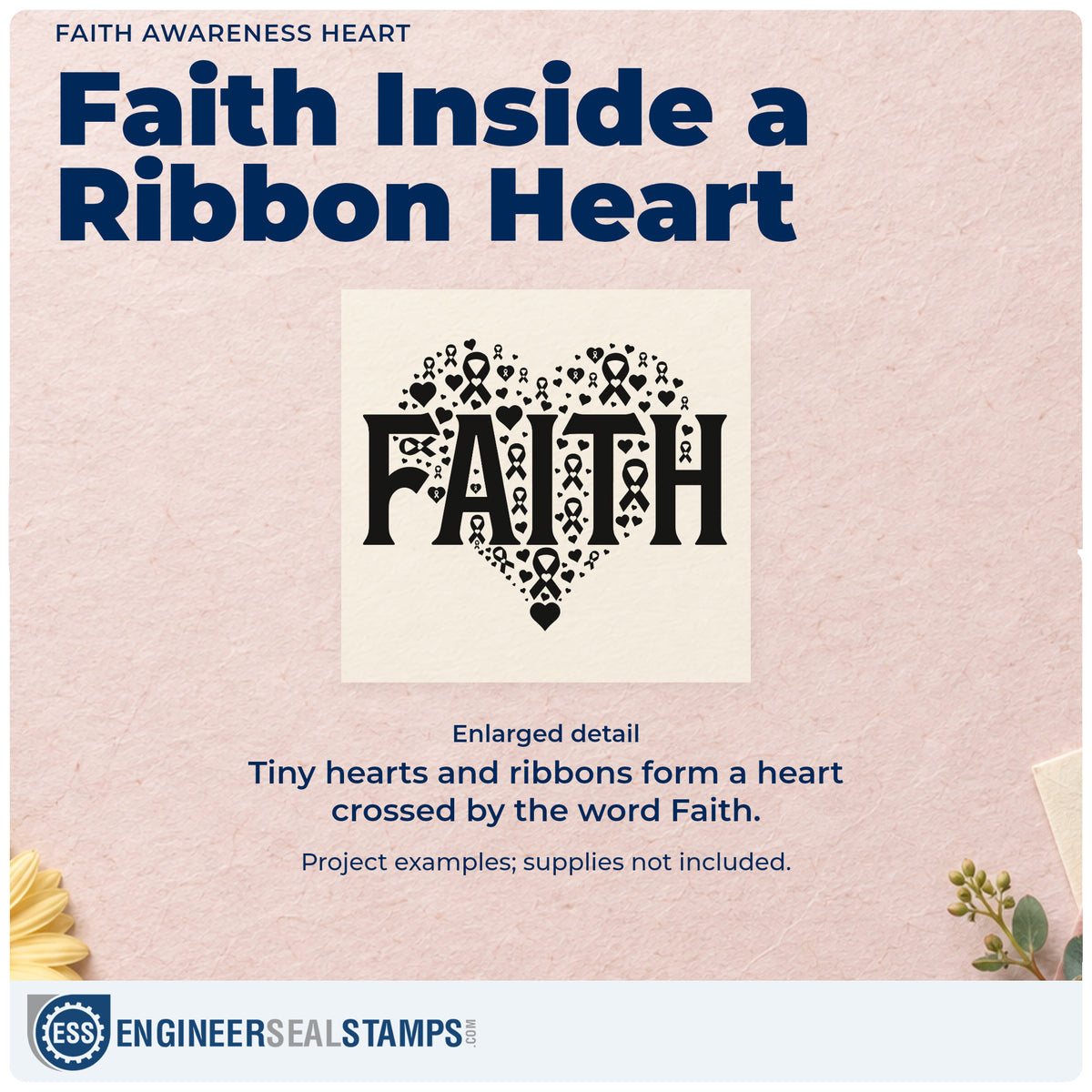 Enlarged detail of the Faith Awareness Heart Rubber Stamp – Wood Handle imprint. Bold "Faith" lettering crosses a heart built from tiny hearts and awareness ribbons.