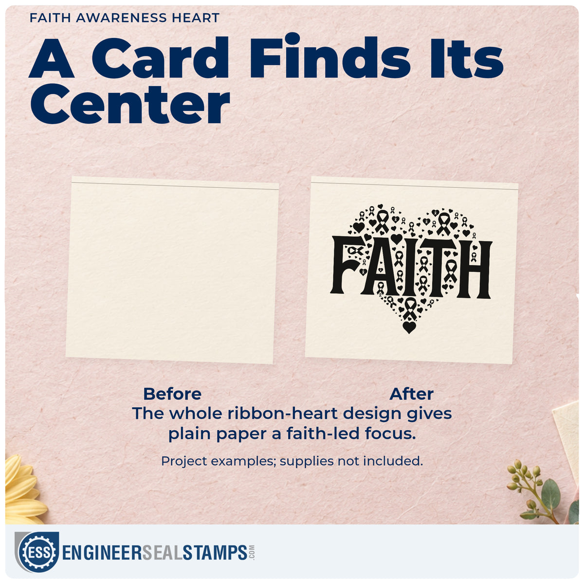 Before and after of a plain item finished with the Faith Awareness Heart Rubber Stamp – Wood Handle, a quick upgrade for walk team tees.