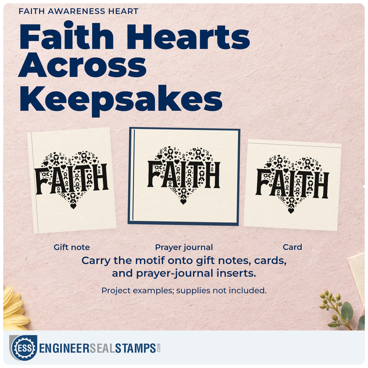 Three project examples made with the Faith Awareness Heart Hand Stamp – Duo, including women's ministry gifts.