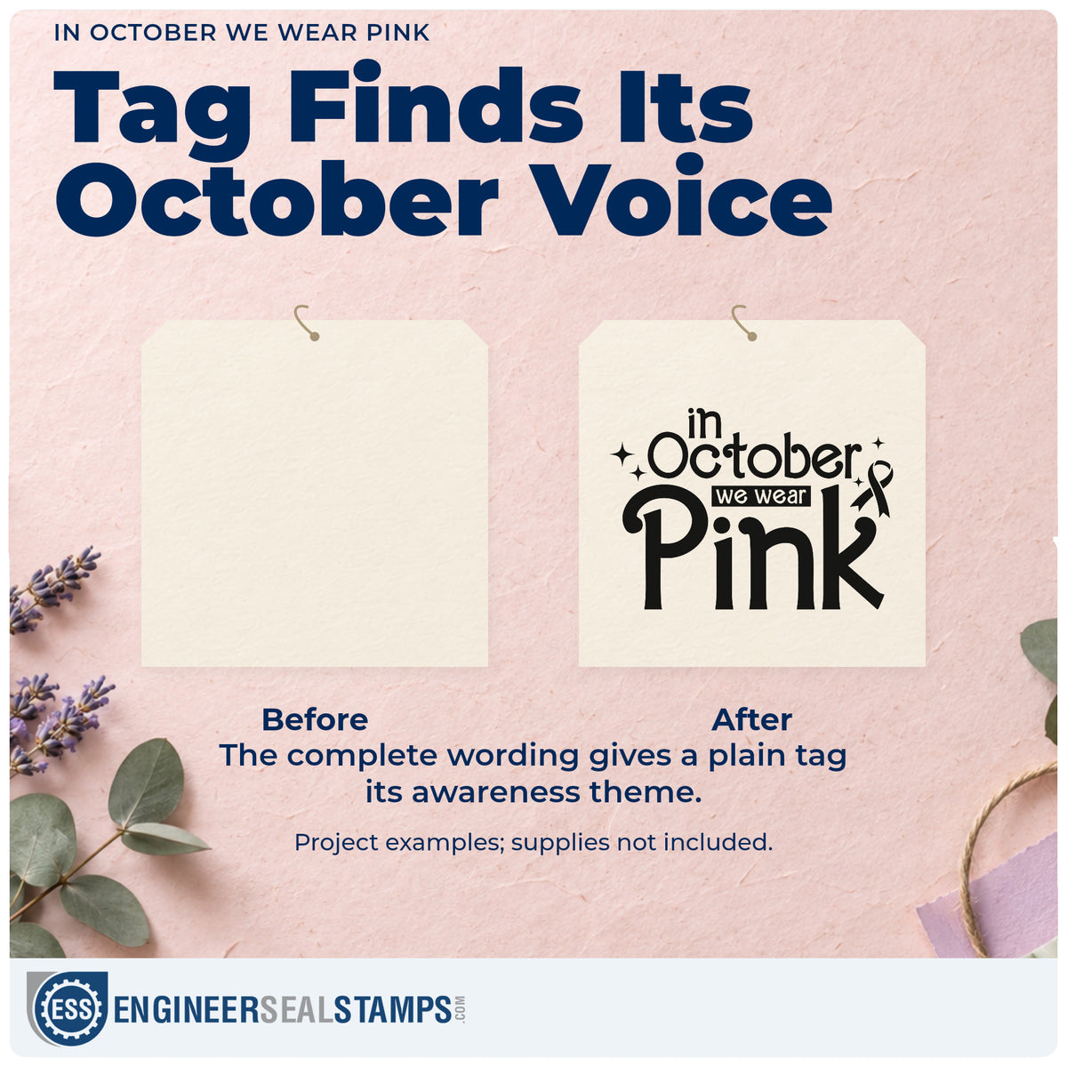 Before and after of a plain item finished with the In October We Wear Pink Awareness Ribbon Stamp - Premium Vintage Pro Wooden, a quick upgrade for scrapbook october pages.