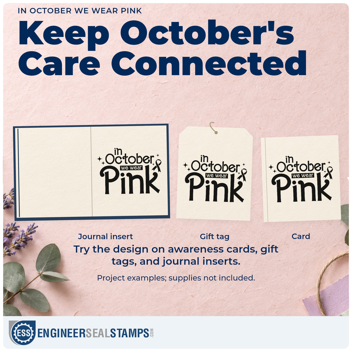 Three project examples made with the In October We Wear Pink Awareness Ribbon Slim Pre-Inked Stamp, including salon appointment cards.