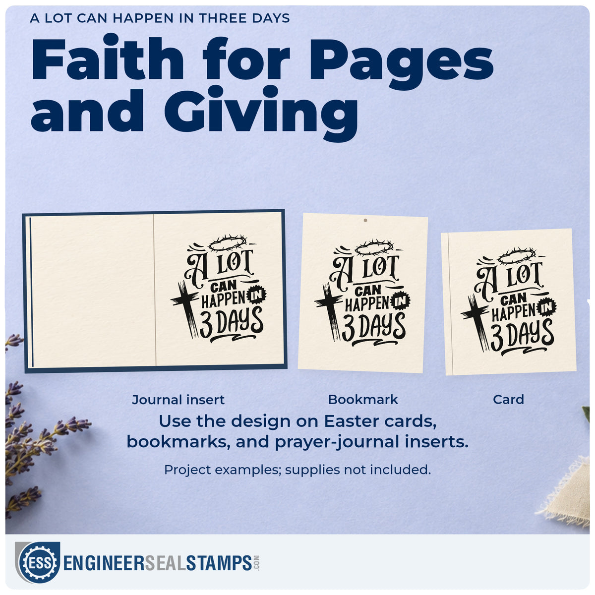 Three project examples made with the A Lot Can Happen In Three Days Rubber Stamp – Wood Handle, including sunrise service pages.