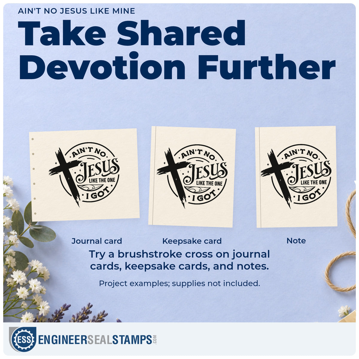 Three project examples made with the Ain't No Jesus Like Mine Brushstroke Cross Rubber Stamp – Duo Hand, including canvas totes.