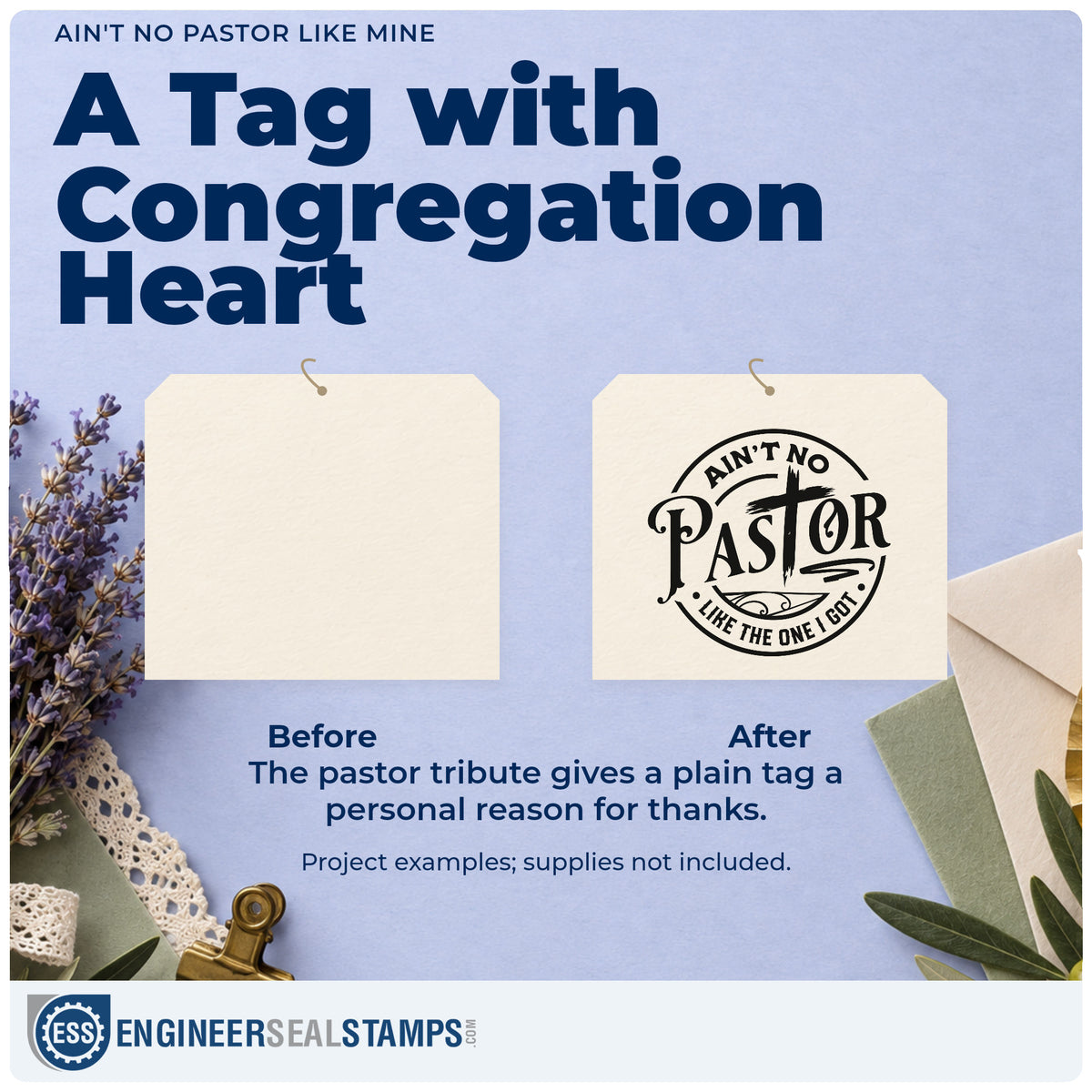 Before and after of a plain item finished with the Ain't No Pastor Like Mine Wood-Mounted Rubber Stamp, a quick upgrade for retirement party invites.