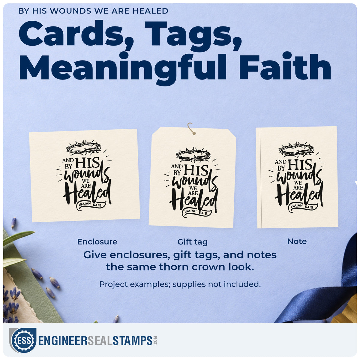 Three project examples made with the By His Wounds We Are Healed Rubber Stamp – Wood Handle, including prayer journal pages.