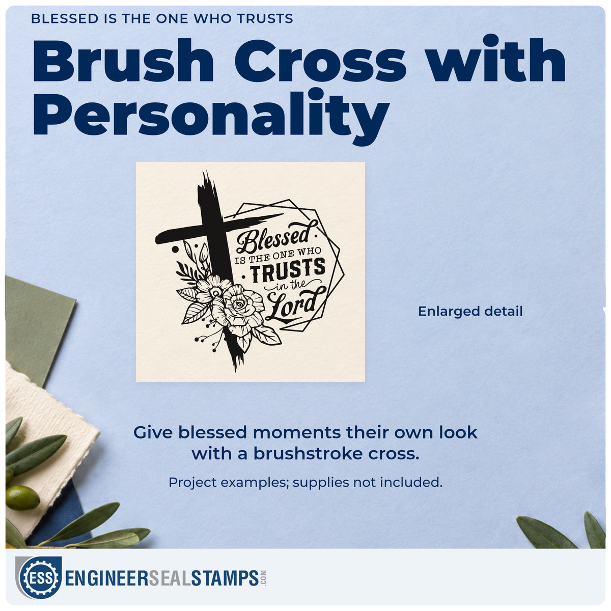 Enlarged detail of the Blessed Is The One Who Trusts In The Lord Stamp – Self-Inking imprint. A brushstroke cross and flowers frame a geometric badge reading "Blessed is the one who trusts in the Lord."