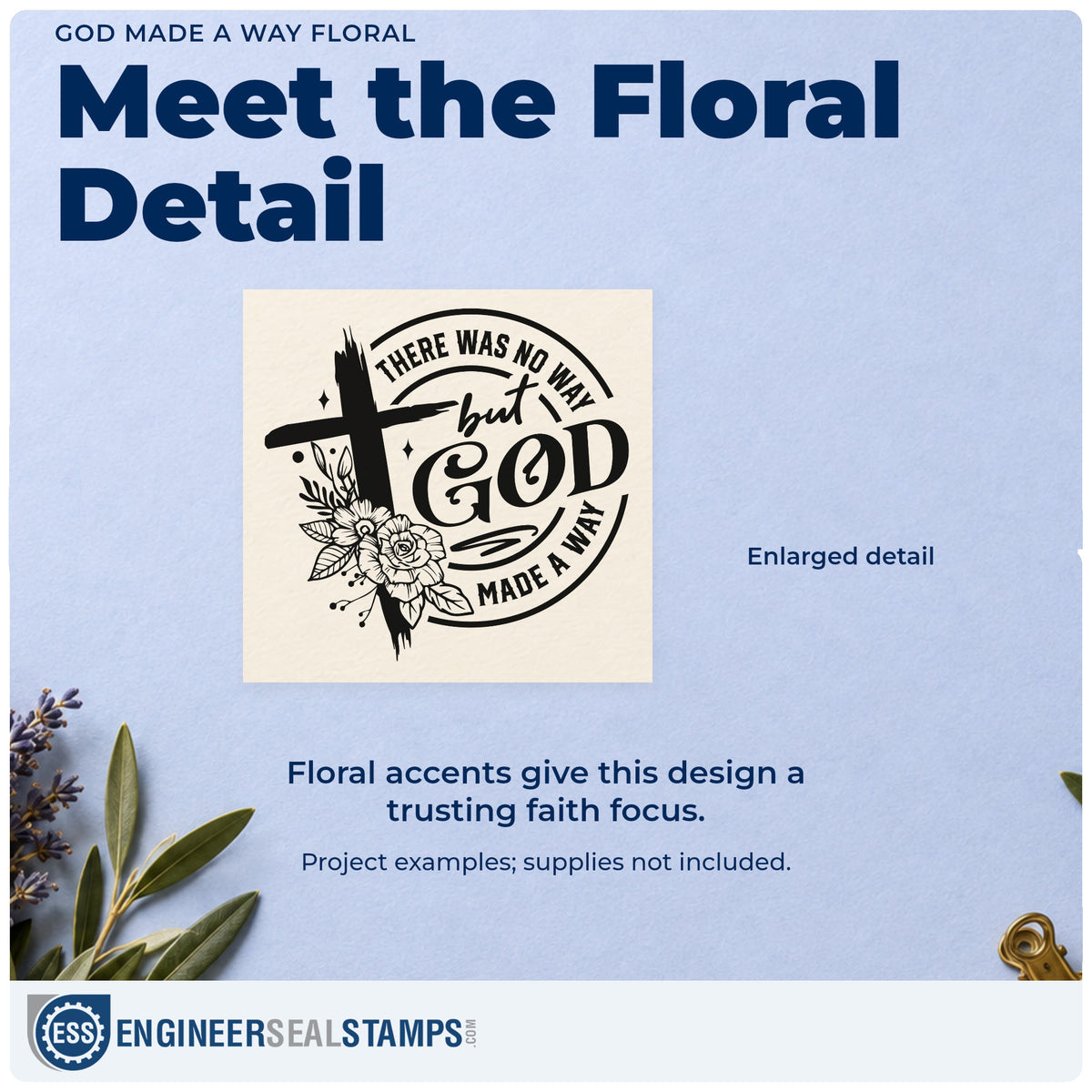 Enlarged detail of the Duo Hand God Made A Way Floral Rubber Stamp imprint. A flower-covered cross overlaps a circular design reading "There was no way, but God made a way."