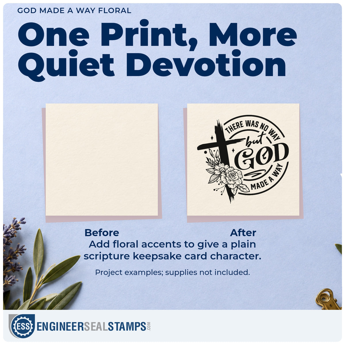 Before and after of a plain item finished with the Duo Hand God Made A Way Floral Rubber Stamp, a quick upgrade for journal cover stamping.