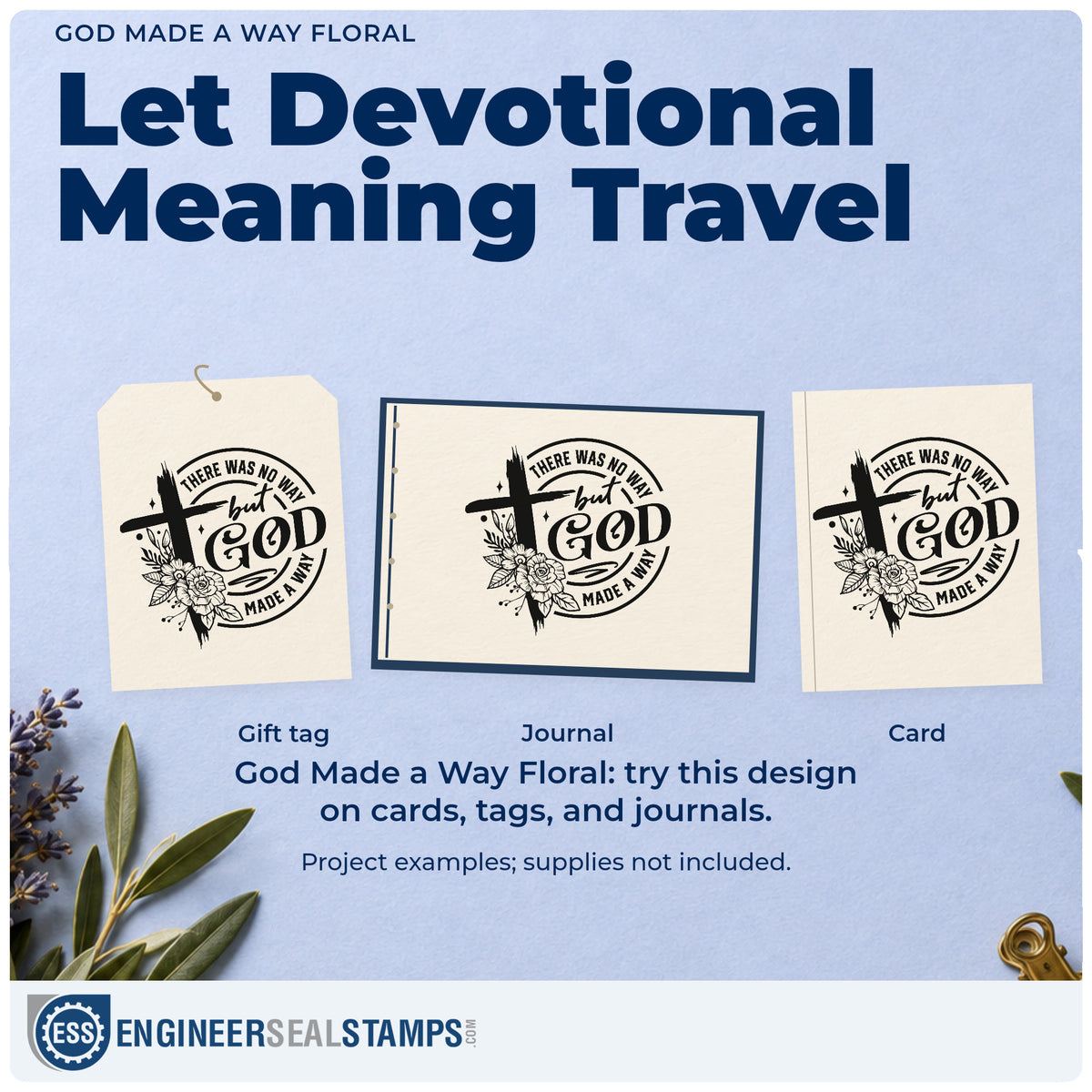 Three project examples made with the Duo Hand God Made A Way Floral Rubber Stamp, including adoption announcements.