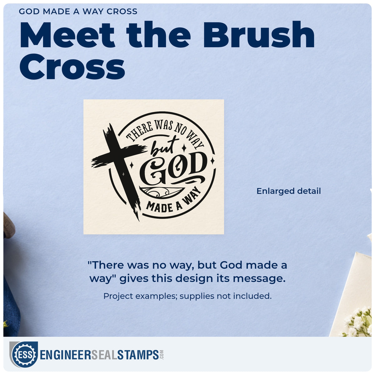 Enlarged detail of the There Was No Way, But God Made A Way Rubber Stamp – Wood Handle imprint. A brushstroke cross overlaps a circular design reading "There was no way, but God made a way."