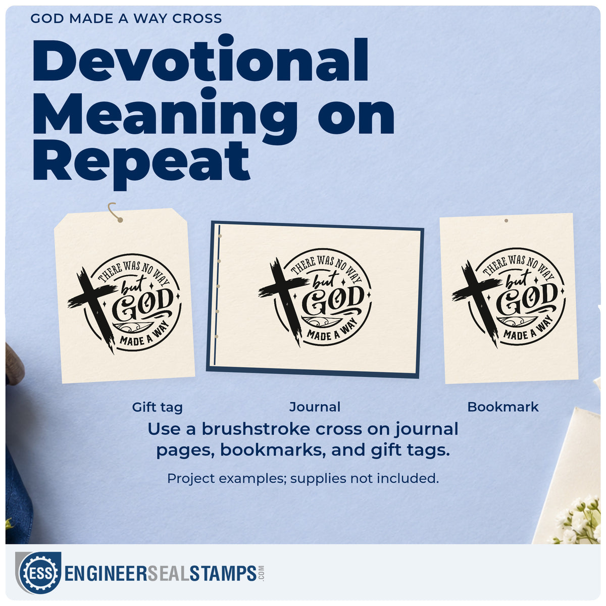 Three project examples made with the There Was No Way, But God Made A Way Rubber Stamp – Wood Handle, including scrapbook journey pages.