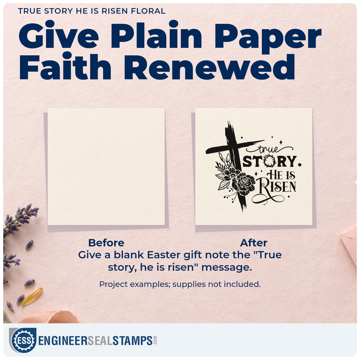 Before and after of a plain item finished with the True Story, He Is Risen Rubber Stamp – Duo Hand, a quick upgrade for spring tote bags.