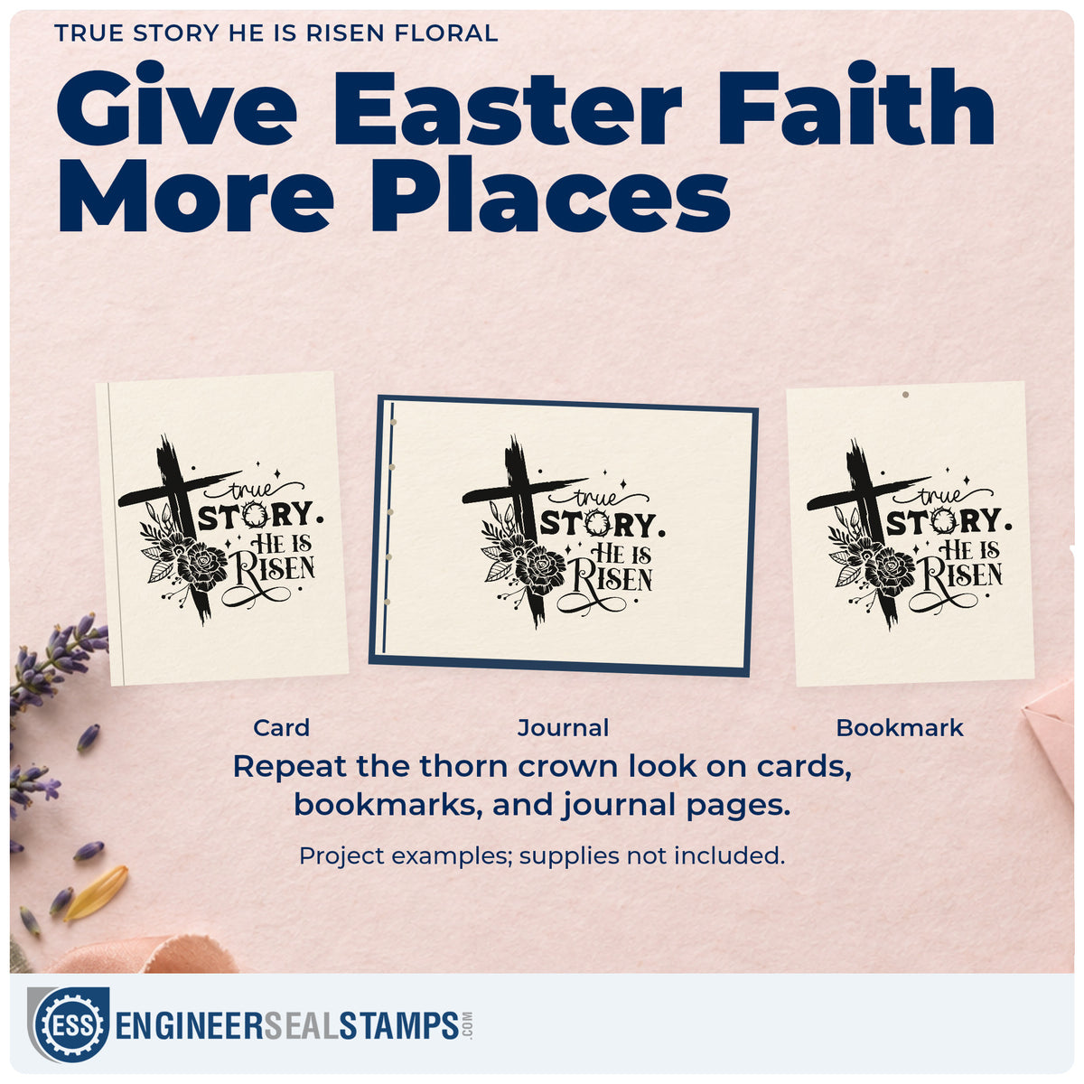 Three project examples made with the True Story, He Is Risen Slim Pre-Inked Stamp, including resurrection scrapbooks.