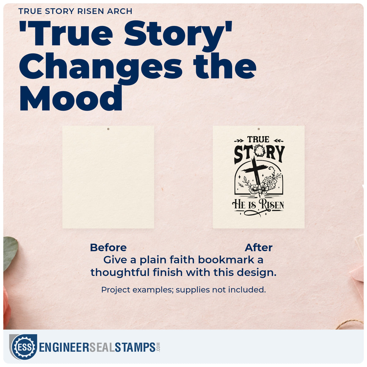 Before and after of a plain item finished with the True Story Risen Arch Craft Stamp – Self-Inking, a quick upgrade for bible study invites.