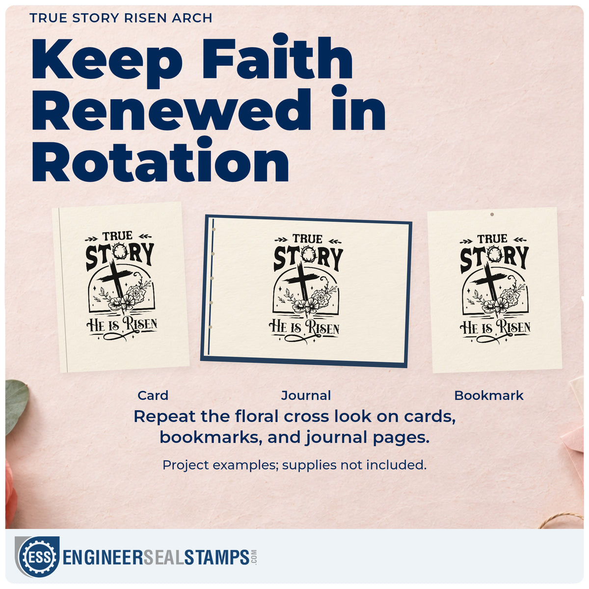 Three project examples made with the True Story Risen Arch Rubber Stamp – Wood Handle, including photo border frames.
