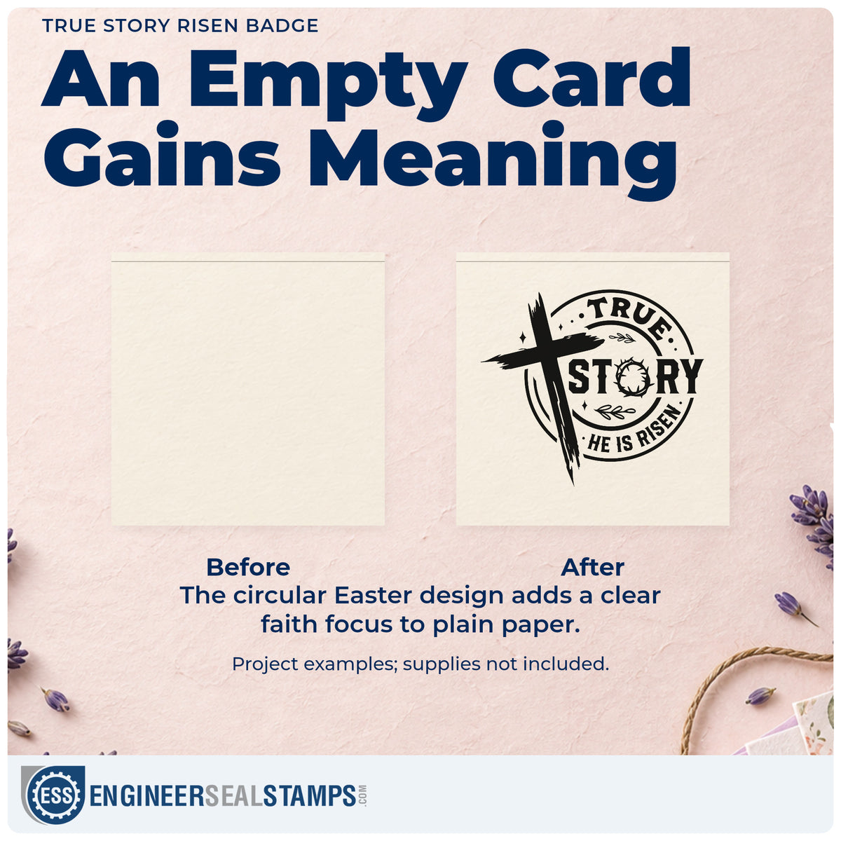 Before and after of a plain item finished with the True Story Risen Badge PSI Pre-Inked Stamp, a quick upgrade for church outreach cards.