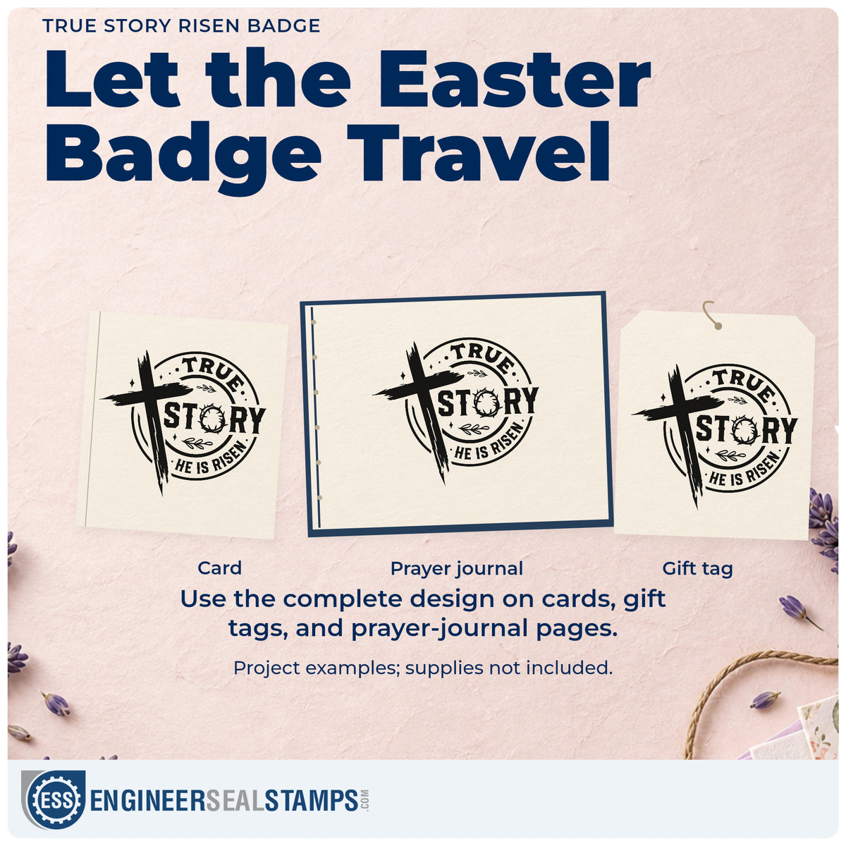 Three project examples made with the True Story Risen Badge Stamp – Wood Handle, including scrapbook badge pages.