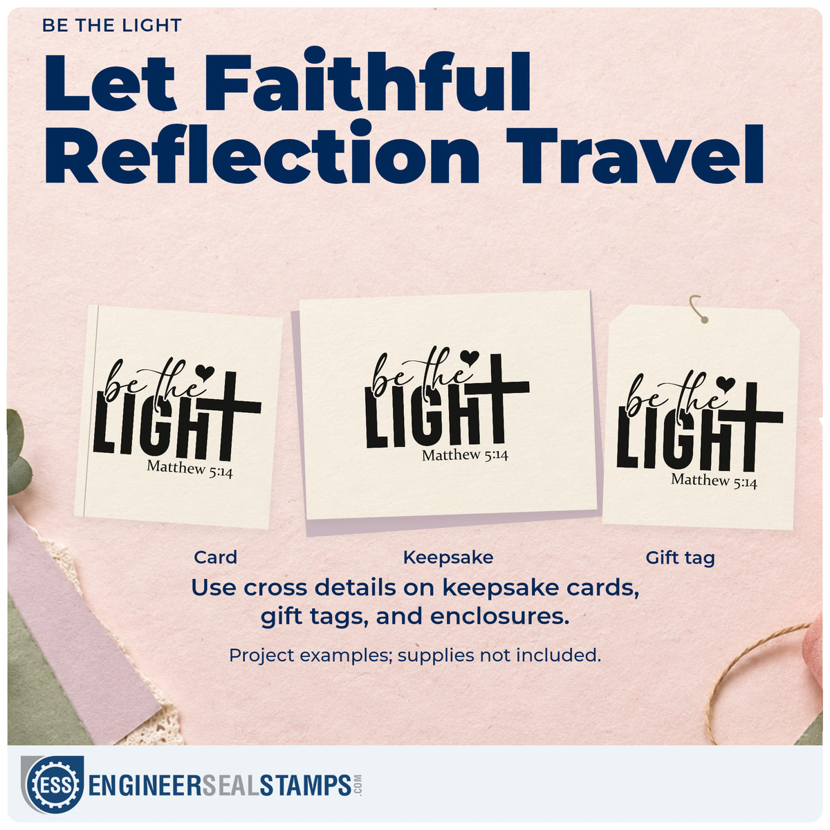 Three project examples made with the Be The Light With Cross Rubber Stamp – Wood Handle, including teacher appreciation.