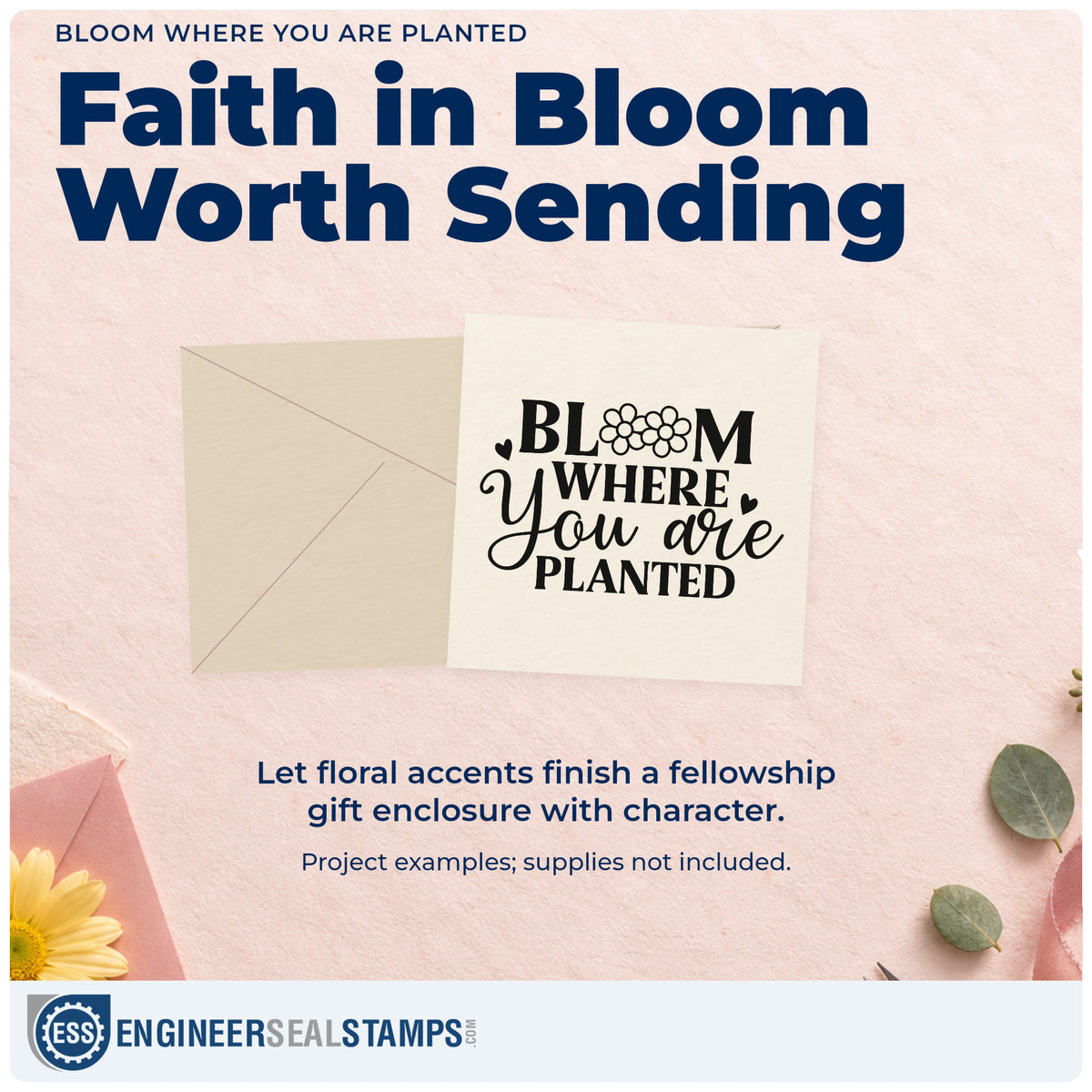 A finished handmade project stamped with the Wood Handle Bloom Where You Are Planted Rubber Stamp, ideal for military family gifts.