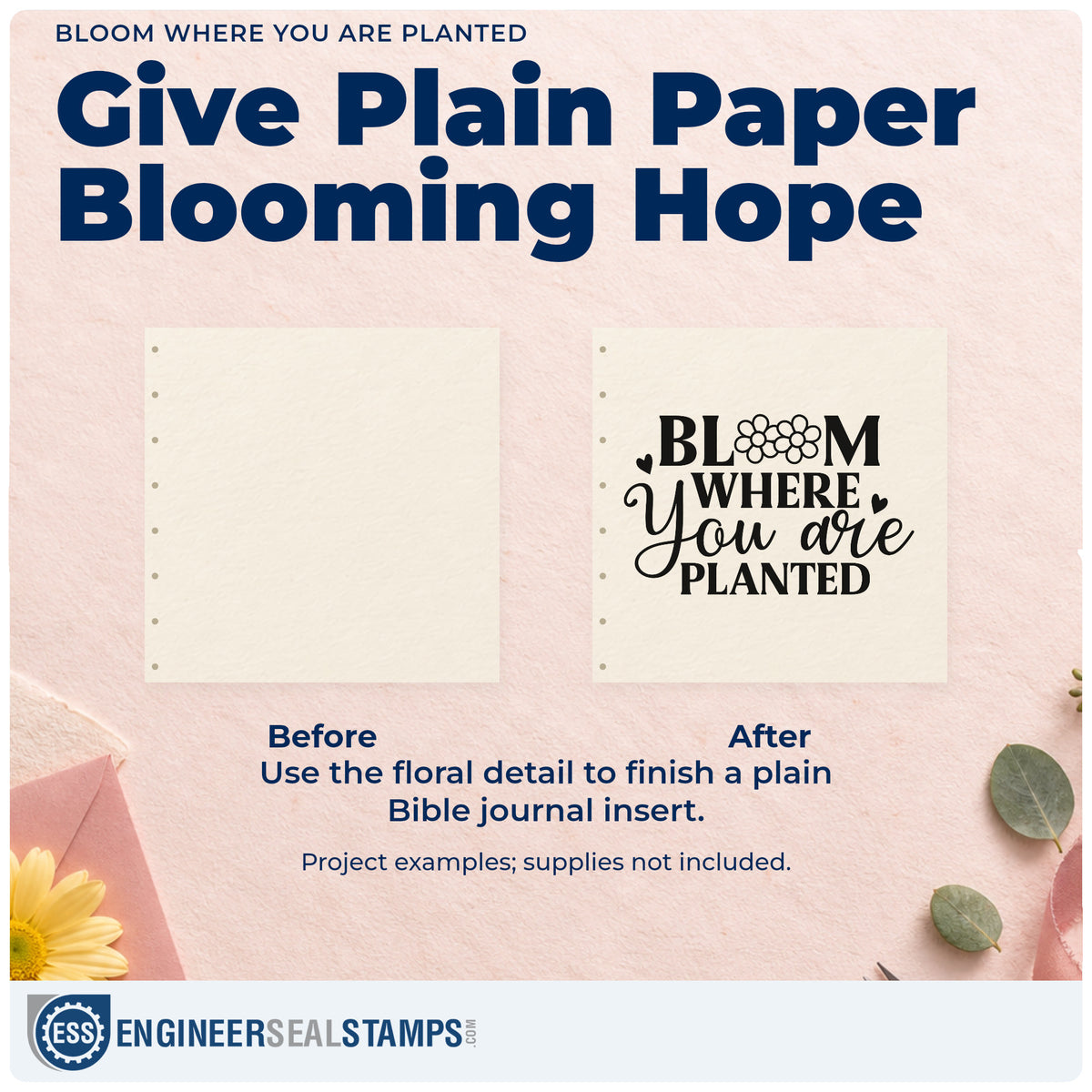 Before and after of a plain item finished with the Vintage Pro Bloom Where You Are Planted Premium Wooden Stamp, a quick upgrade for scrapbook new home pages.