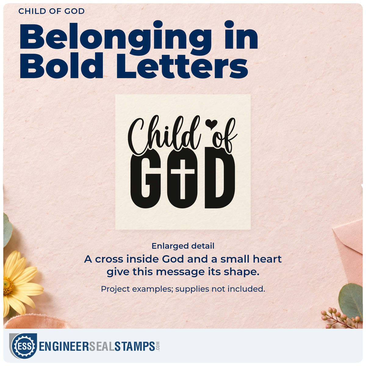 Enlarged detail of the Child Of God With Cross Premium Wooden Stamp - Vintage Pro imprint. Script "Child of" sits over bold "God," with a cross inside the O and a small heart.