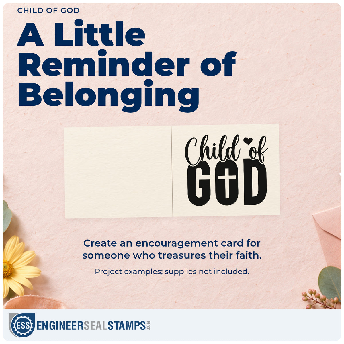A finished handmade project stamped with the Duo Hand Child Of God With Cross Rubber Stamp, ideal for baptism invitations.