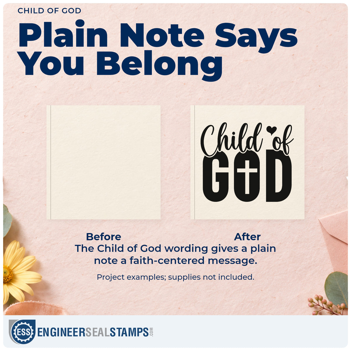 Before and after of a plain item finished with the Duo Hand Child Of God With Cross Rubber Stamp, a quick upgrade for newborn scrapbooks.
