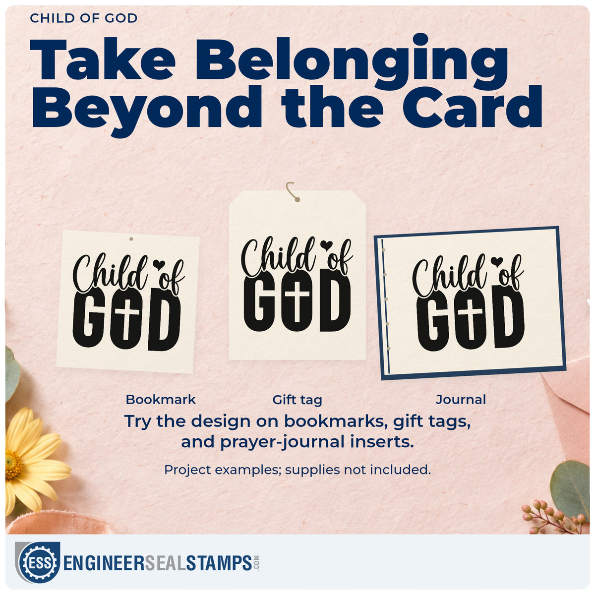 Three project examples made with the Child Of God With Cross Self-Inking Stamp, including onesie stamping.