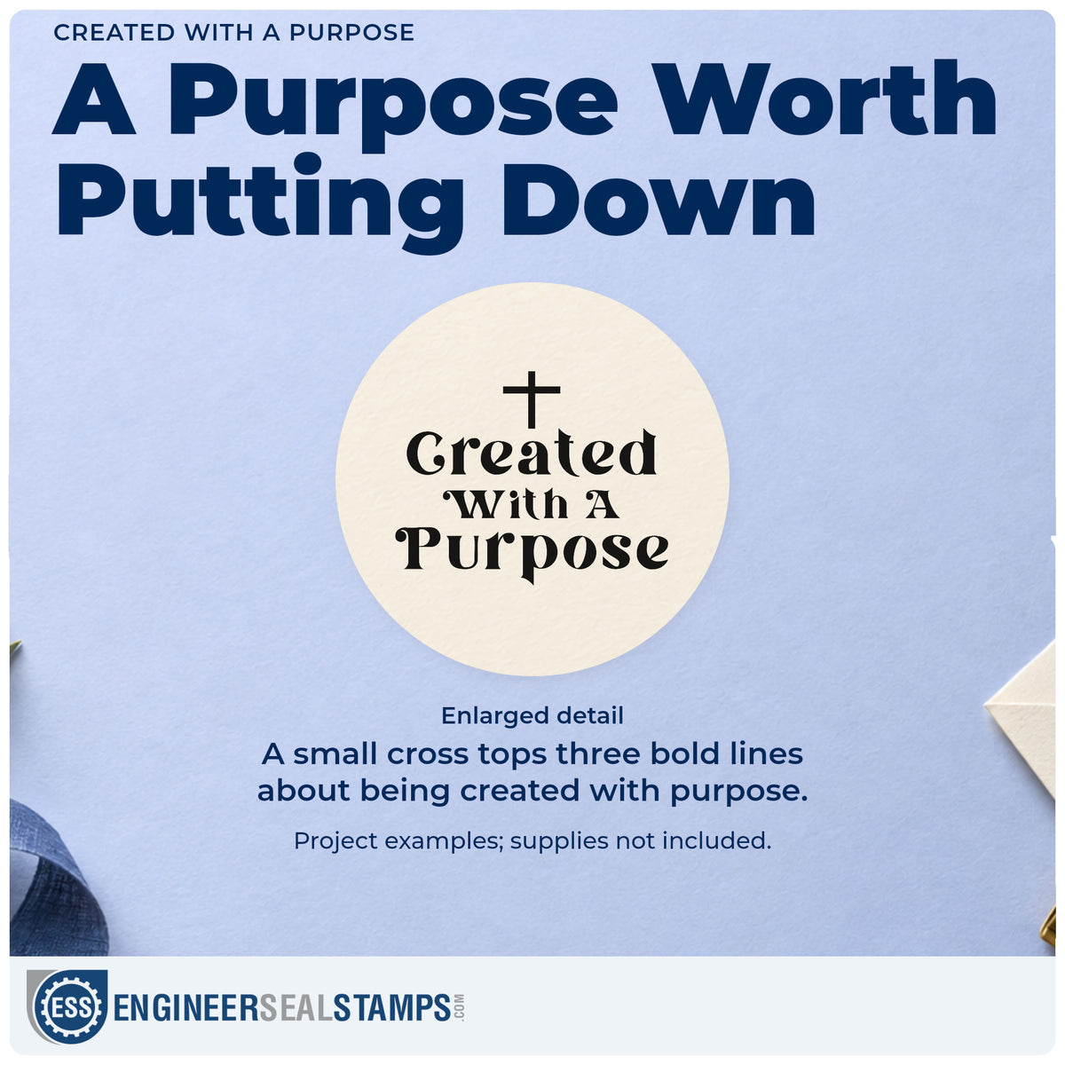 Enlarged detail of the Created With A Purpose Premium Wood-Mounted Stamp - Vintage Pro imprint. A small cross tops three lines of bold serif lettering reading "Created with a purpose."