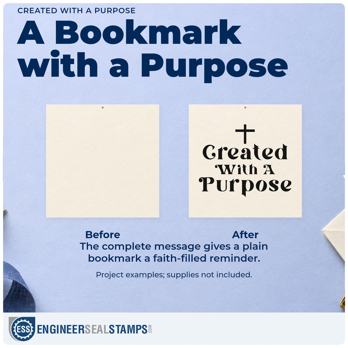 Before and after of a plain item finished with the Created With A Purpose Stamp – Self-Inking, a quick upgrade for canvas totes.