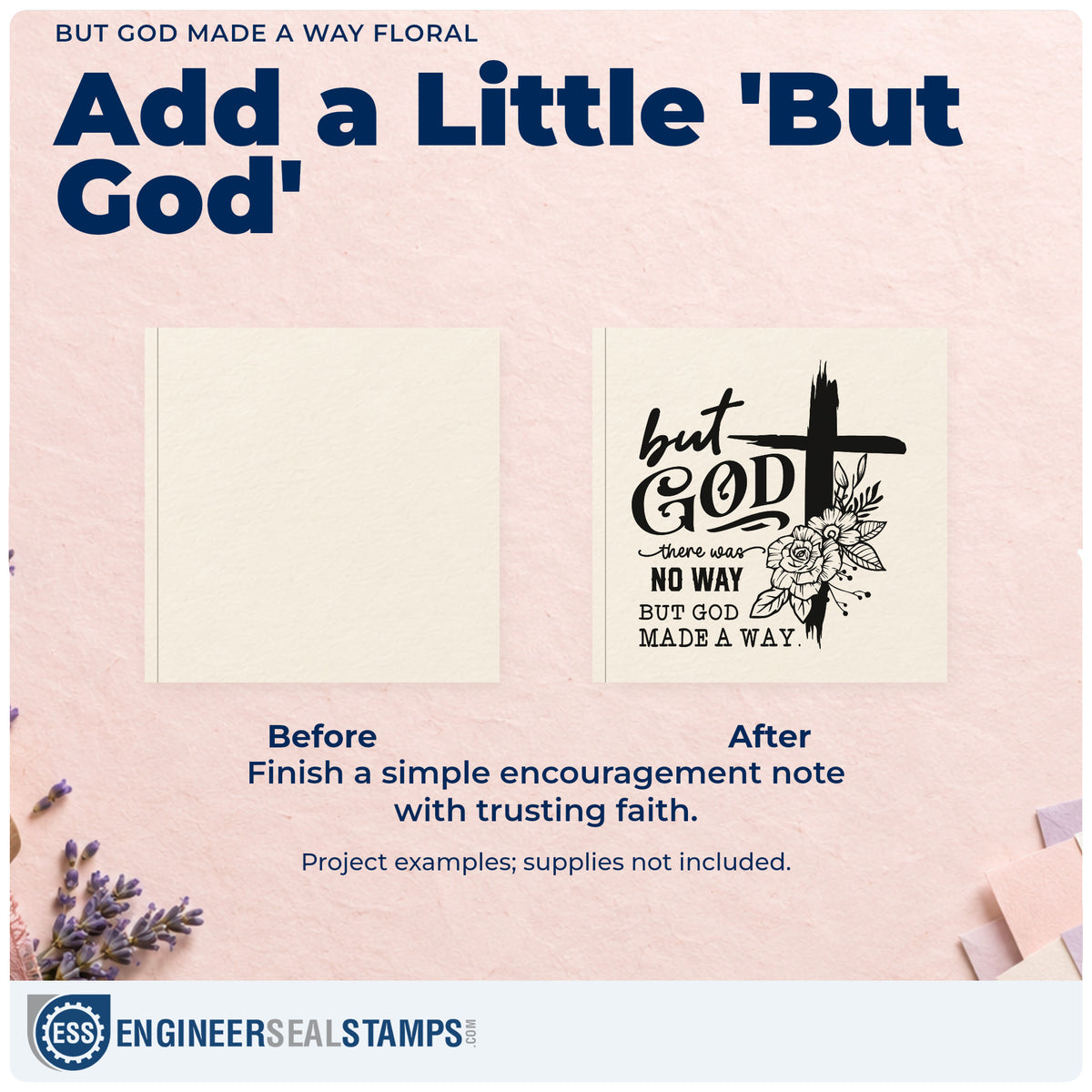 Before and after of a plain item finished with the There Was No Way But God Made A Way Brushstroke Cross Wood Handle Stamp, a quick upgrade for gift bag stamping.