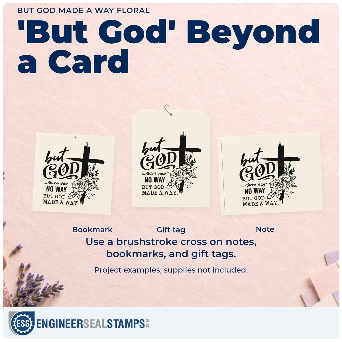 Three project examples made with the There Was No Way But God Made A Way Brushstroke Cross Self-Inking Stamp, including recovery cards.