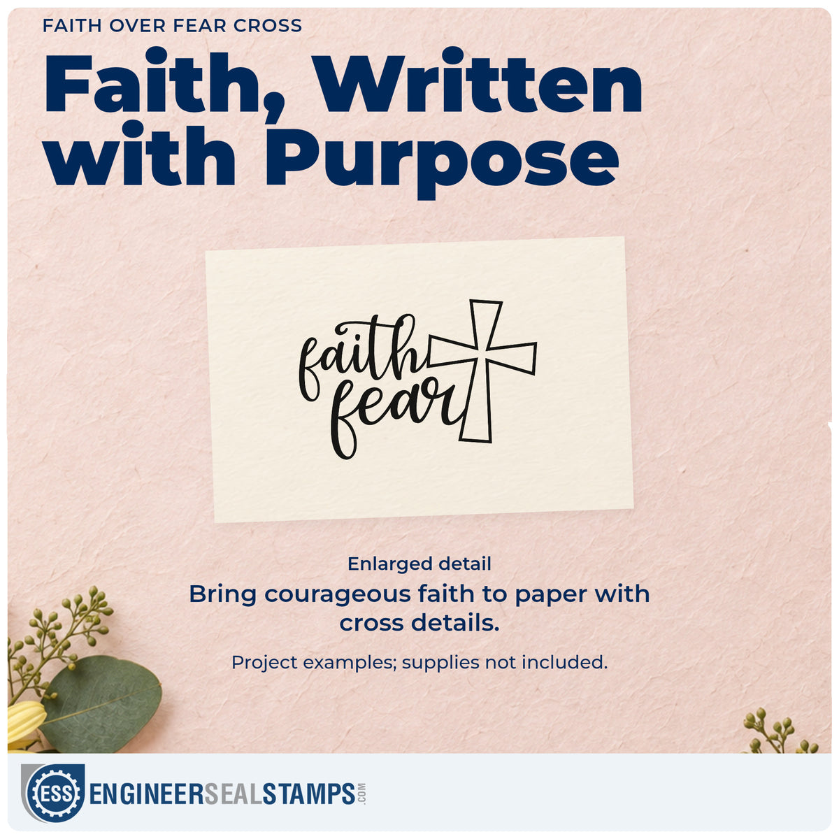Enlarged detail of the Faith Over Fear Cross Outline Detail Self-Inking Stamp imprint. Flowing "Faith" and "Fear" lettering sits beside a large outlined cross.