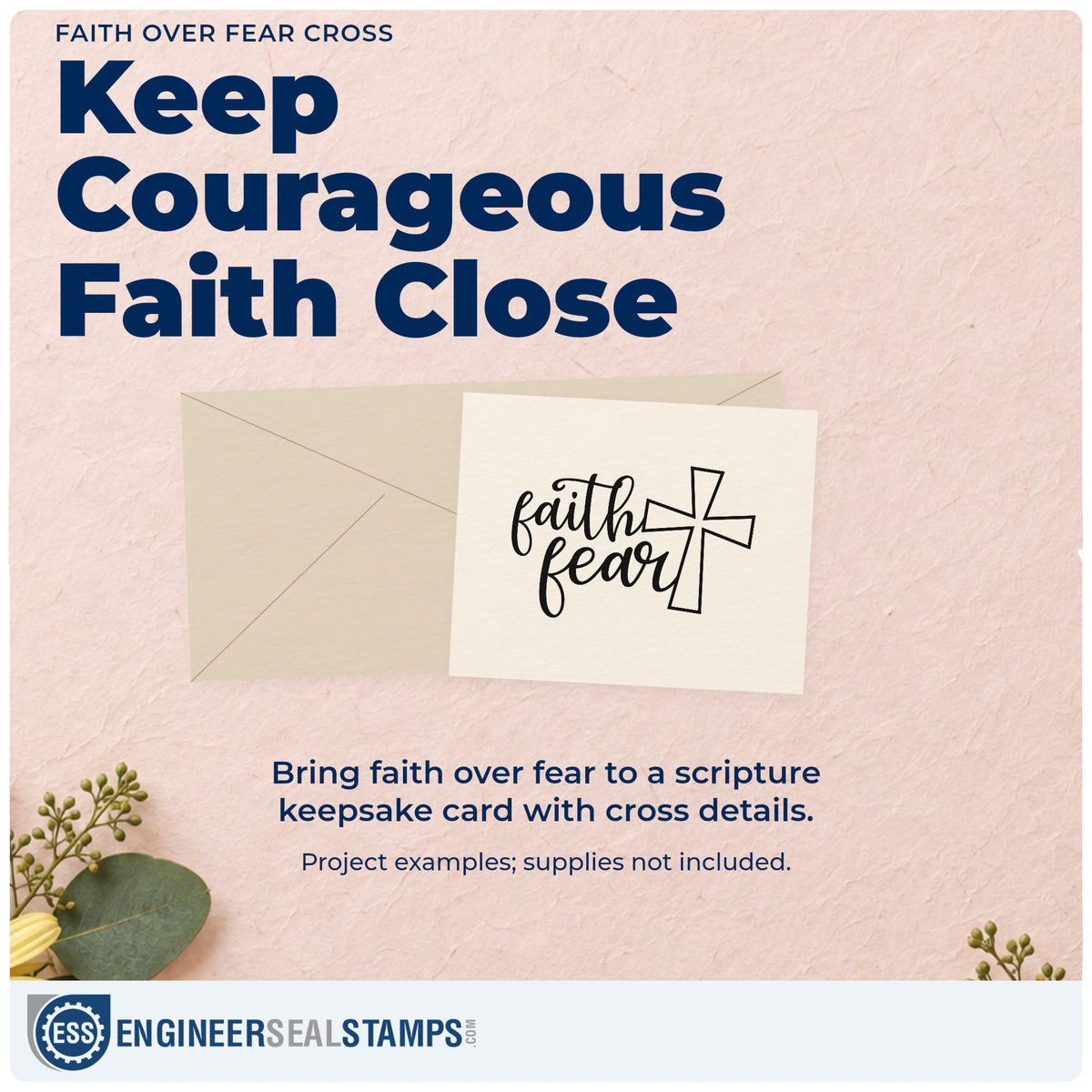 A finished handmade project stamped with the Faith Over Fear Cross Outline Detail Self-Inking Stamp, ideal for retreat handouts.