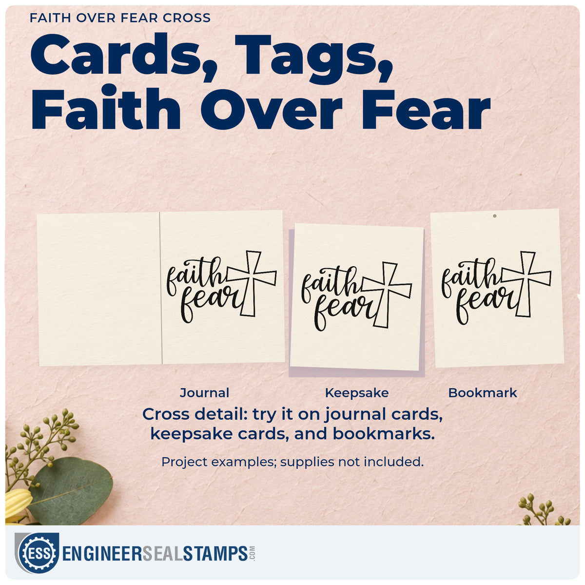 Three project examples made with the Faith Over Fear Cross Outline Detail Rubber Stamp – Duo Hand, including canvas totes.