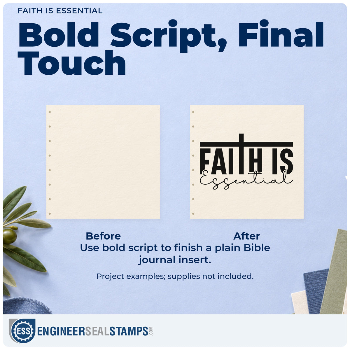Before and after of a plain item finished with the Faith Is Essential Slim Pre-Inked Stamp, a quick upgrade for kraft gift bags.