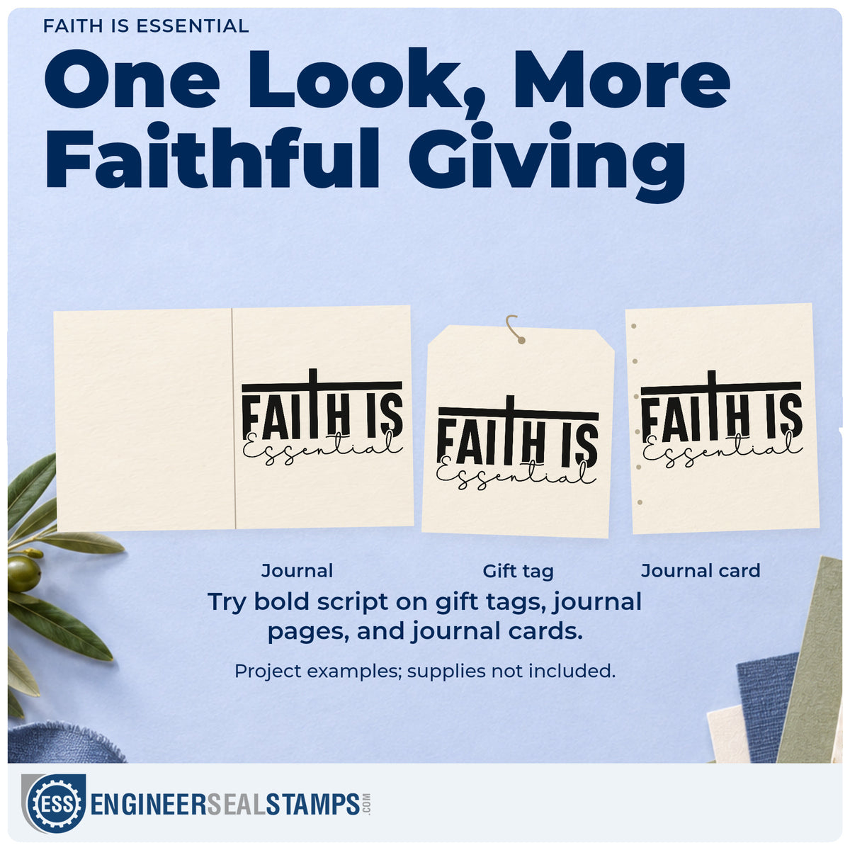 Three project examples made with the Faith Is Essential Duo Hand Stamp, including scrapbook title blocks.