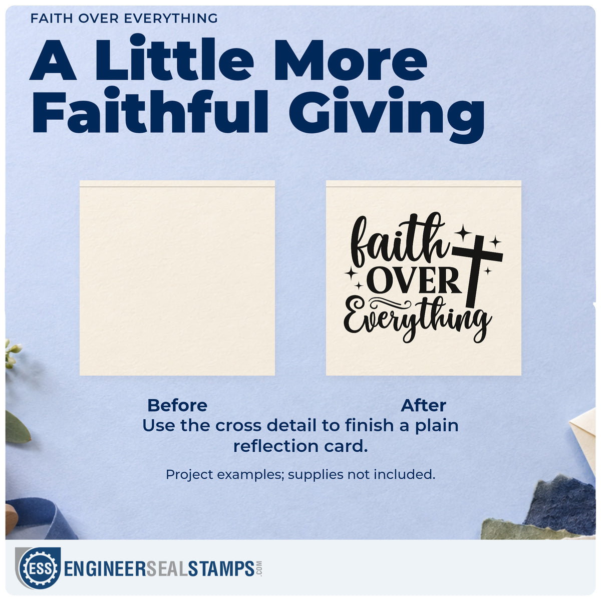Before and after of a plain item finished with the Faith Over Everything With Cross Self-Inking Craft Stamp, a quick upgrade for locker signs.
