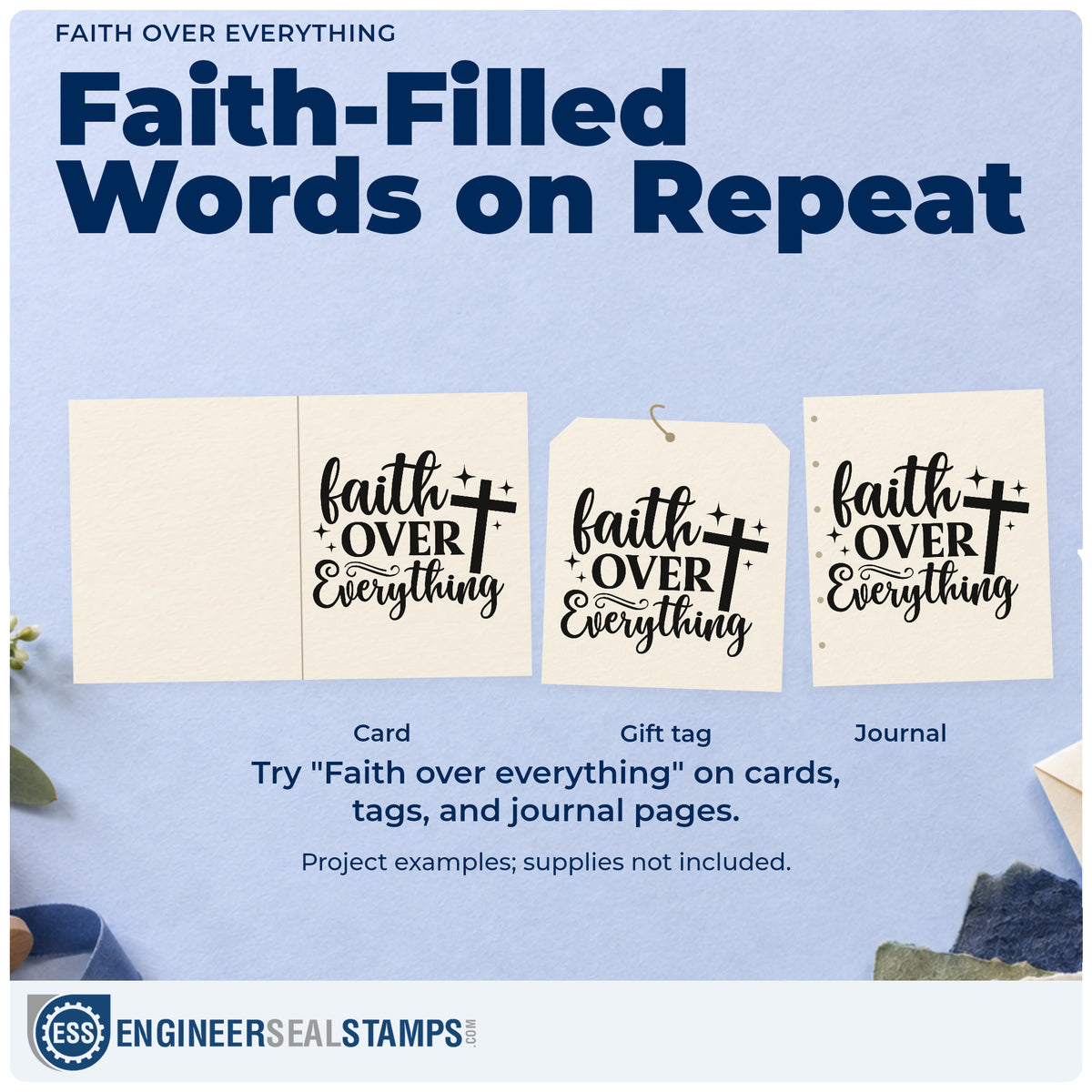 Three project examples made with the Faith Over Everything With Cross Rubber Stamp – Duo Hand, including scrapbook title pages.