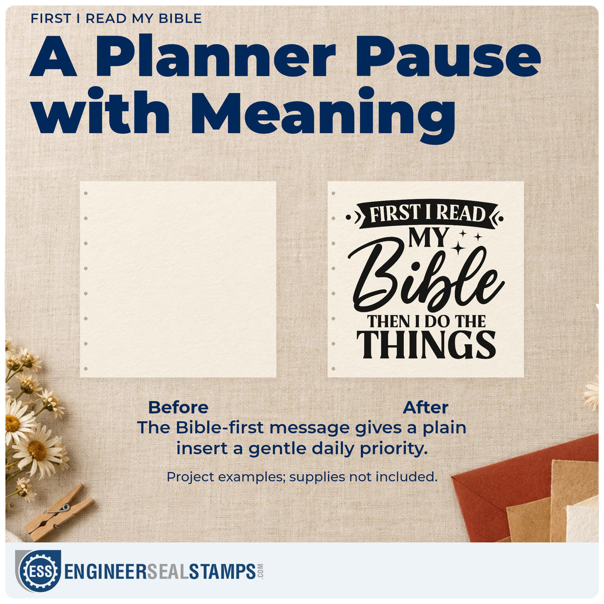 Before and after of a plain item finished with the First I Read My Bible, Then I Do The Things Pre-Inked Stamp – Slim, a quick upgrade for women's retreat favors.