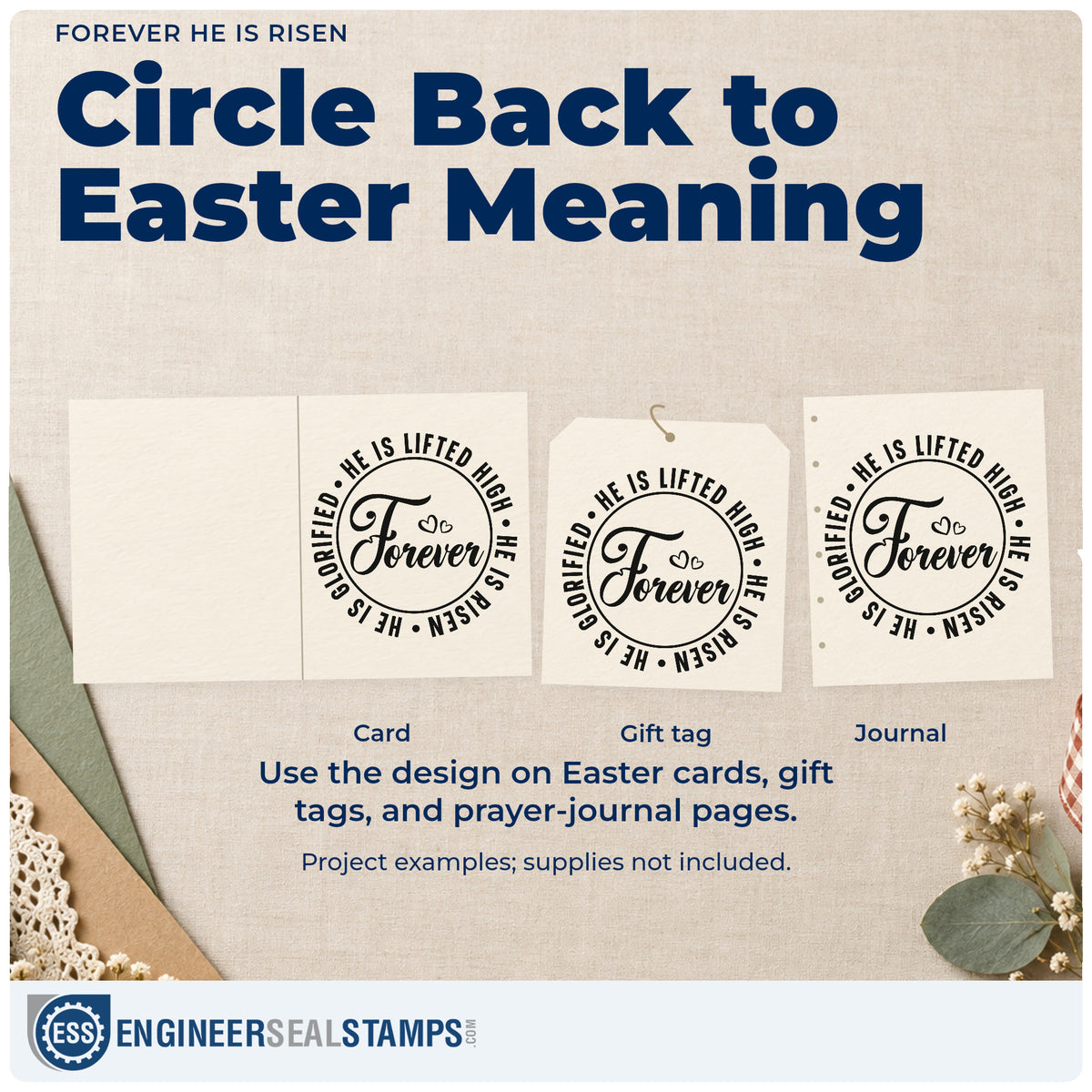 Three project examples made with the Forever He Is Risen With Hearts Rubber Stamp – Wood Handle, including scrapbook easter pages.