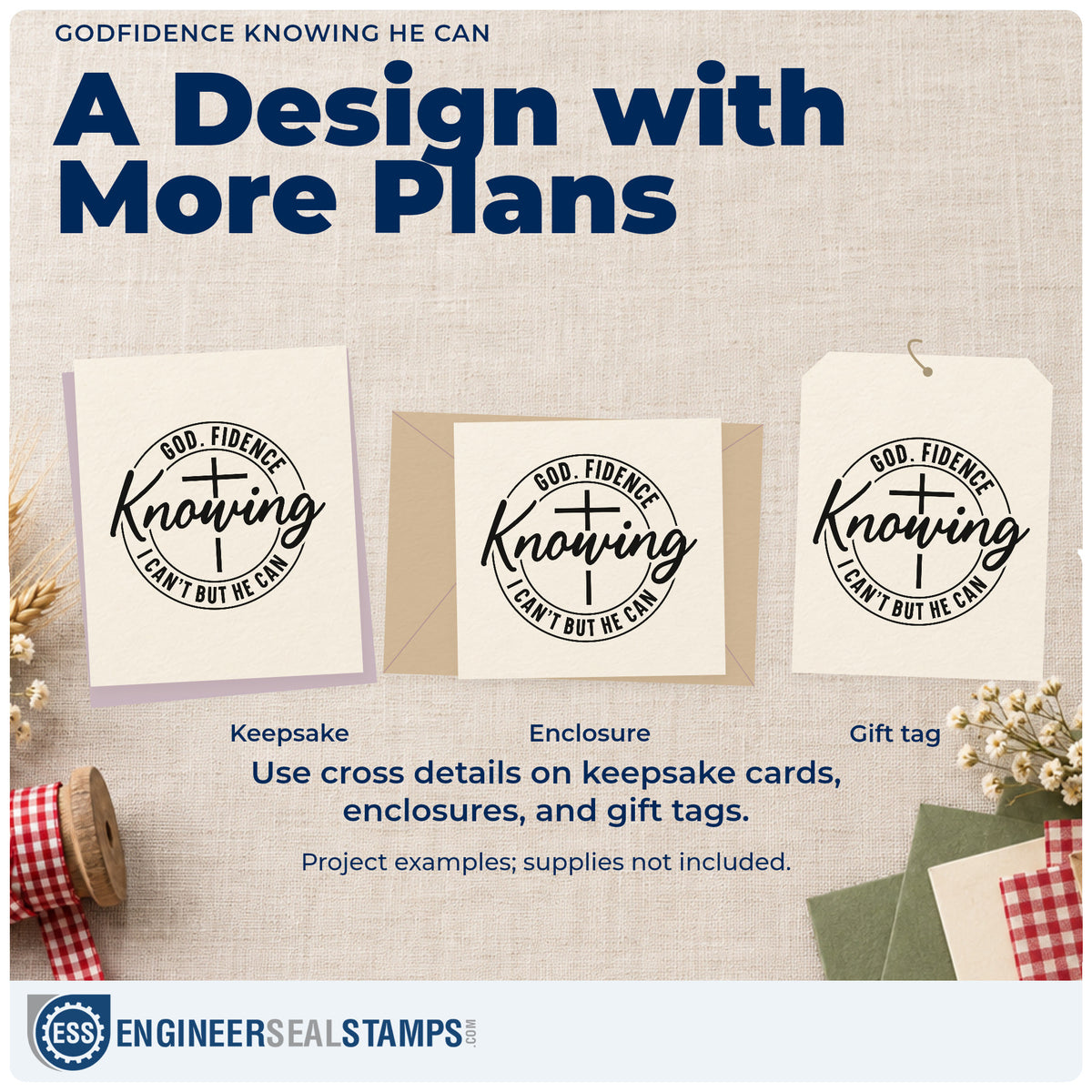 Three project examples made with the Godfidence Knowing He Can Pre-Inked Stamp – Slim, including scrapbook brave pages.