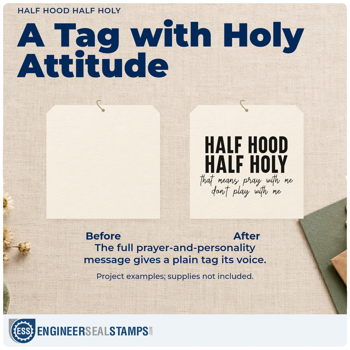 Before and after of a plain item finished with the Half Hood Half Holy Script Lettering Slim Pre-Inked Stamp, a quick upgrade for group chat gift sets.